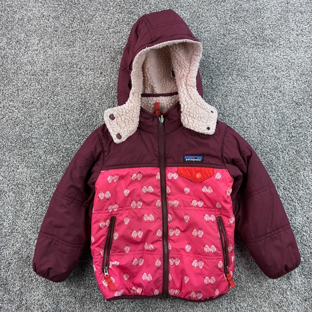 Patagonia Reversible Tribbles Hoody Jacket Girls 4T Maroon Pink Owl Print 61160
